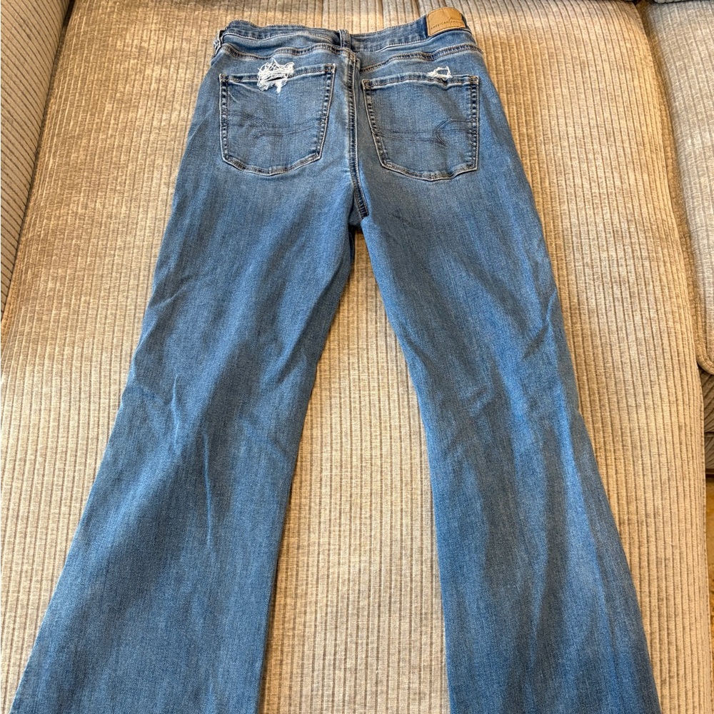 American Eagle Outfitters Blue Flare Next Level Stretch Super High Rise